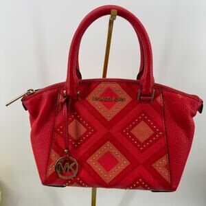 Michael Kors Riley Red Studded Leather Satchel MK Charm Handbag